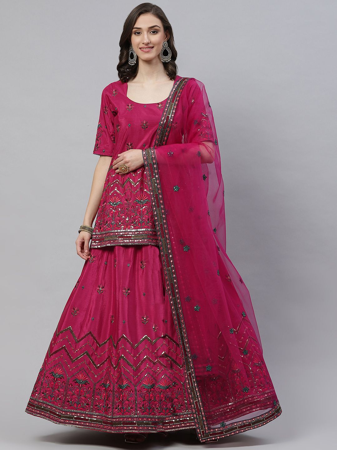 SHUBHKALA Magenta Embroidered Sequinned Semi-Stitched Lehenga & Blouse With Dupatta Price in India