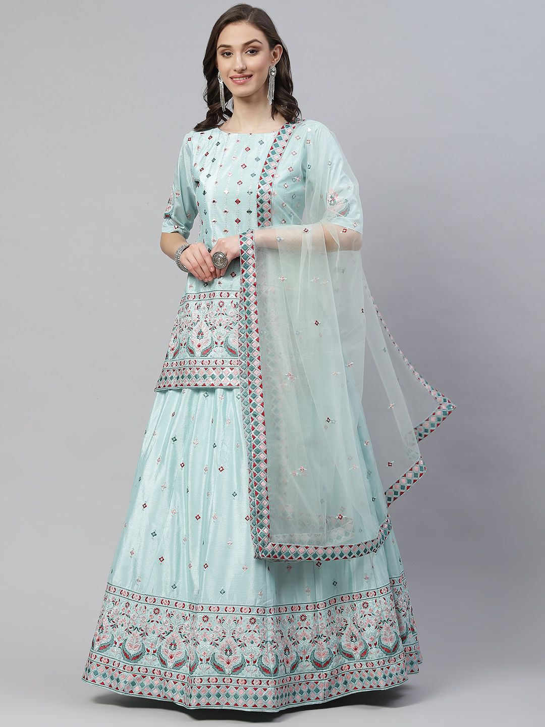 SHUBHKALA Turquoise Blue Embroidered Mirror Work Semi-Stitched Lehenga & Blouse With Dupatta Price in India