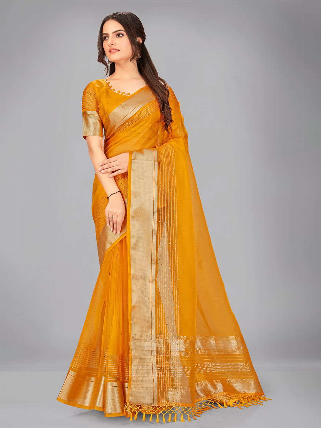 MANOHARI Mustard Yellow & Golden Zari Silk Blend Saree