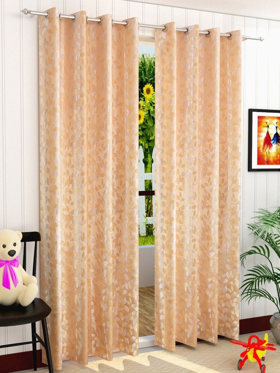 Fresh From Loom Beige & Silver Set of 2 Floral Room Darkening Door Curtain Price in India