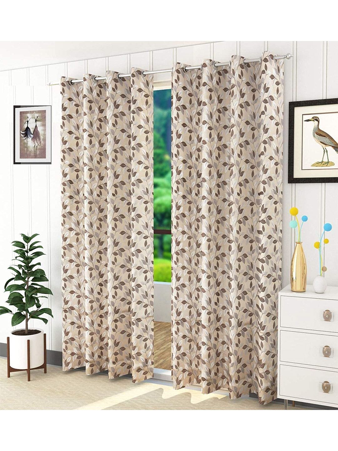 Fresh From Loom Brown & Silver-Toned Set of 2 Floral Room Darkening Long Door Curtains Price in India