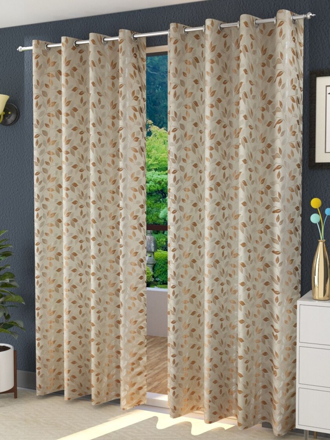 Fresh From Loom Khaki & Silver-Toned Set of 2 Floral Room Darkening Door Curtain Price in India