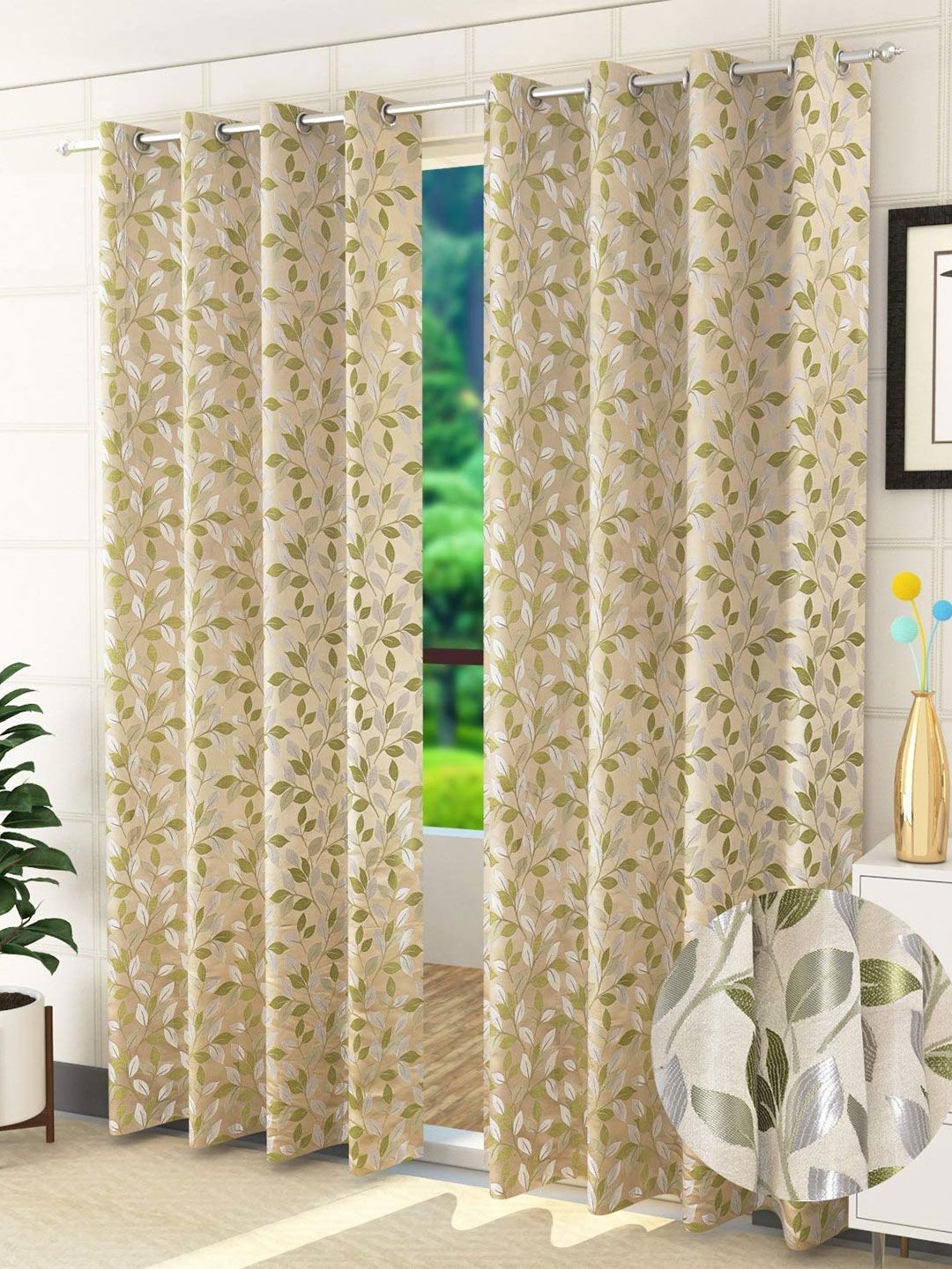 Fresh From Loom Green & Silver-Toned Set of 2 Room Darkening Window Curtain Price in India