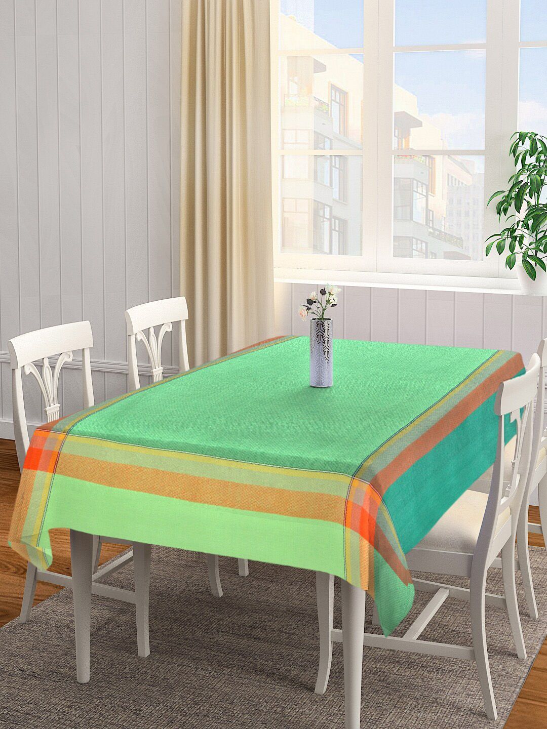 KLOTTHE Green & Orange Printed 6 Seater Square Cotton Table Cover Price in India