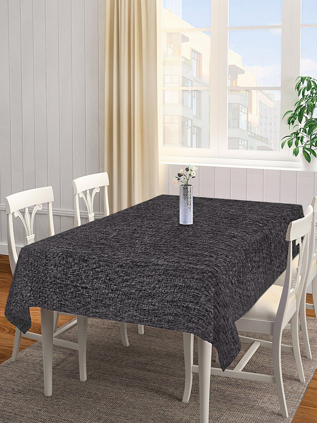 KLOTTHE Black Woven-Design 6 Seater Rectangular Cotton Table Cover Price in India