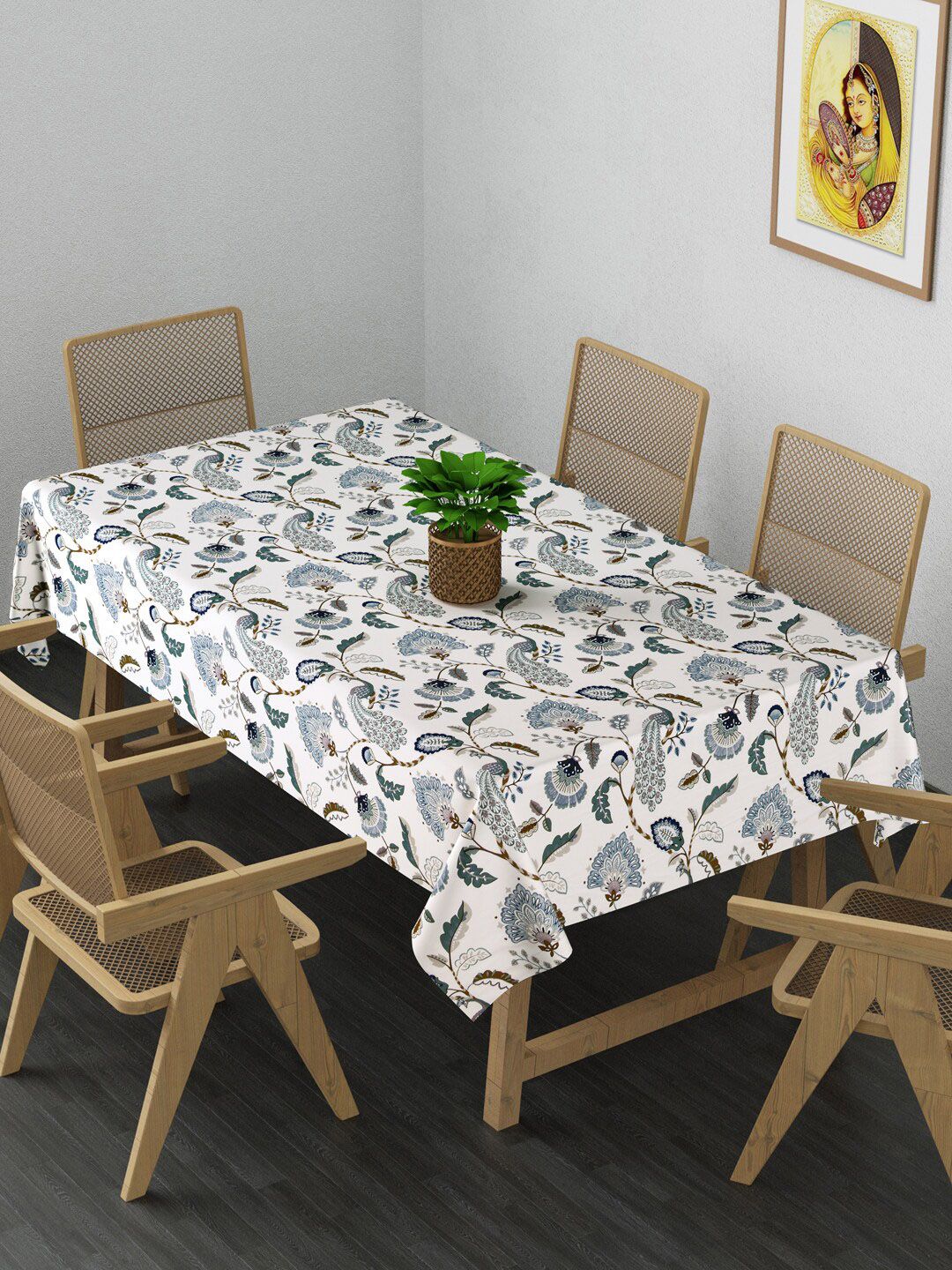 Gulaab Jaipur White & Green Printed 6 Seater Rectangular Cotton Table Cover Price in India