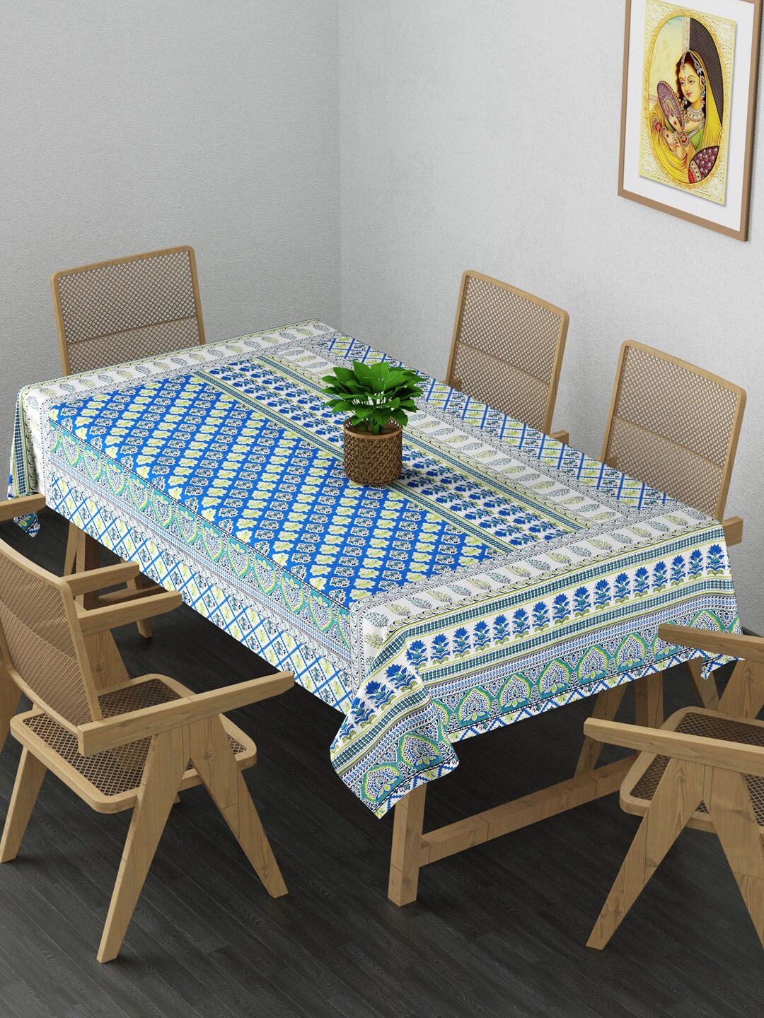 Gulaab Jaipur Blue & Yellow Printed Cotton Rectangle 6 Seater Table Cover Price in India