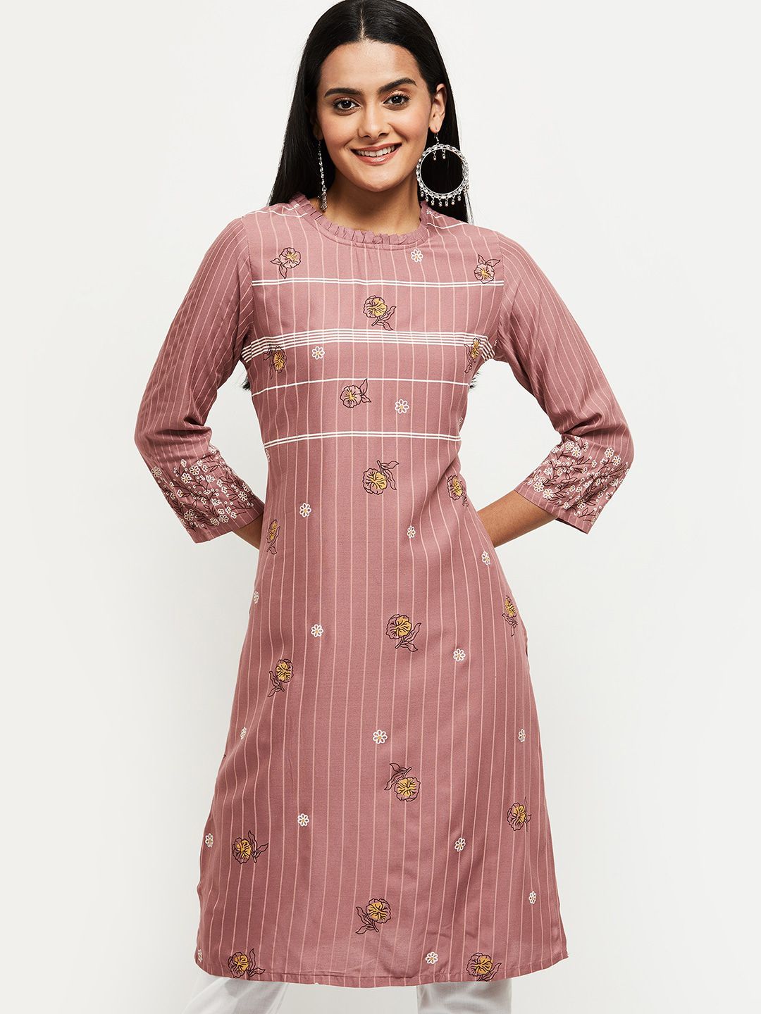 max Women Pink Striped Round Neck Kurta Price in India