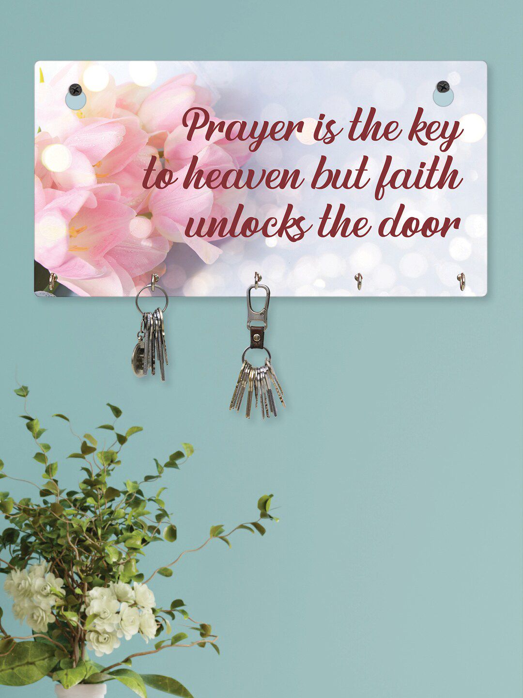RANDOM Blue & Pink Quotes Printed Wall Hanging Key Holder With 5 Hooks Price in India