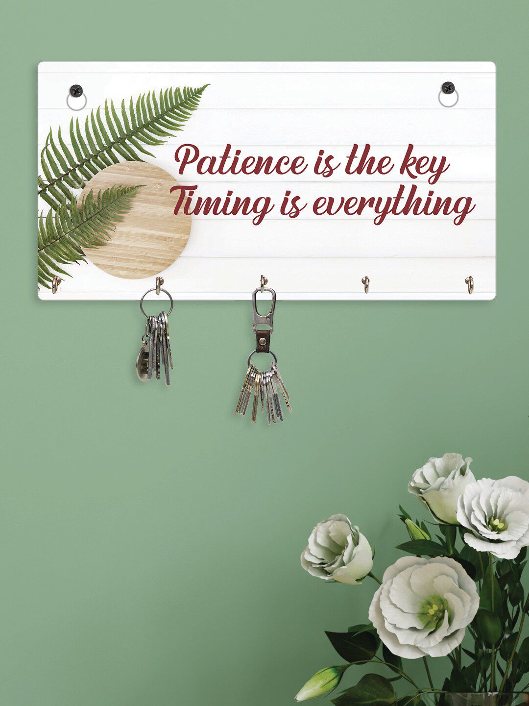 RANDOM White & Green Motivational Quotes Wall Hanging Key Holder with 5 Hooks Price in India