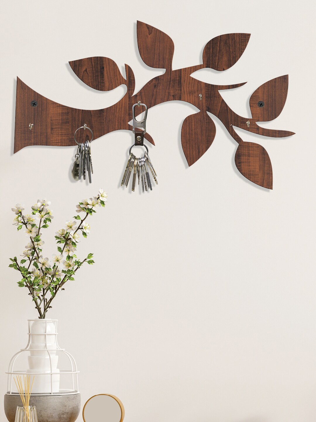 RANDOM Coffee Brown Solid Tree Branch Wall Hanging Key Holder With 5 Hooks Price in India