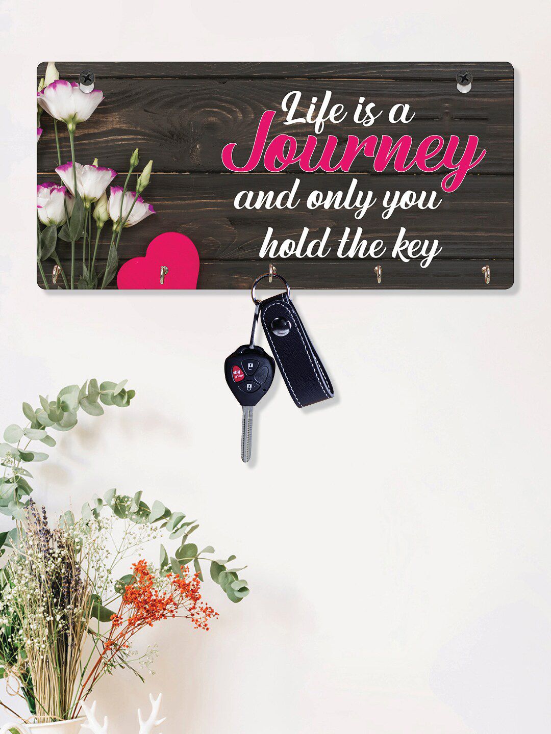 RANDOM Black & White Printed Quotes Wall Hanging Key Holder With 5 Hooks Price in India