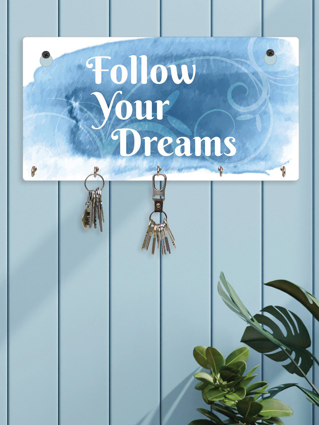 RANDOM  Blue & White Inspirational Quotes Wall Hanging Key Holder with 5 Hooks Price in India