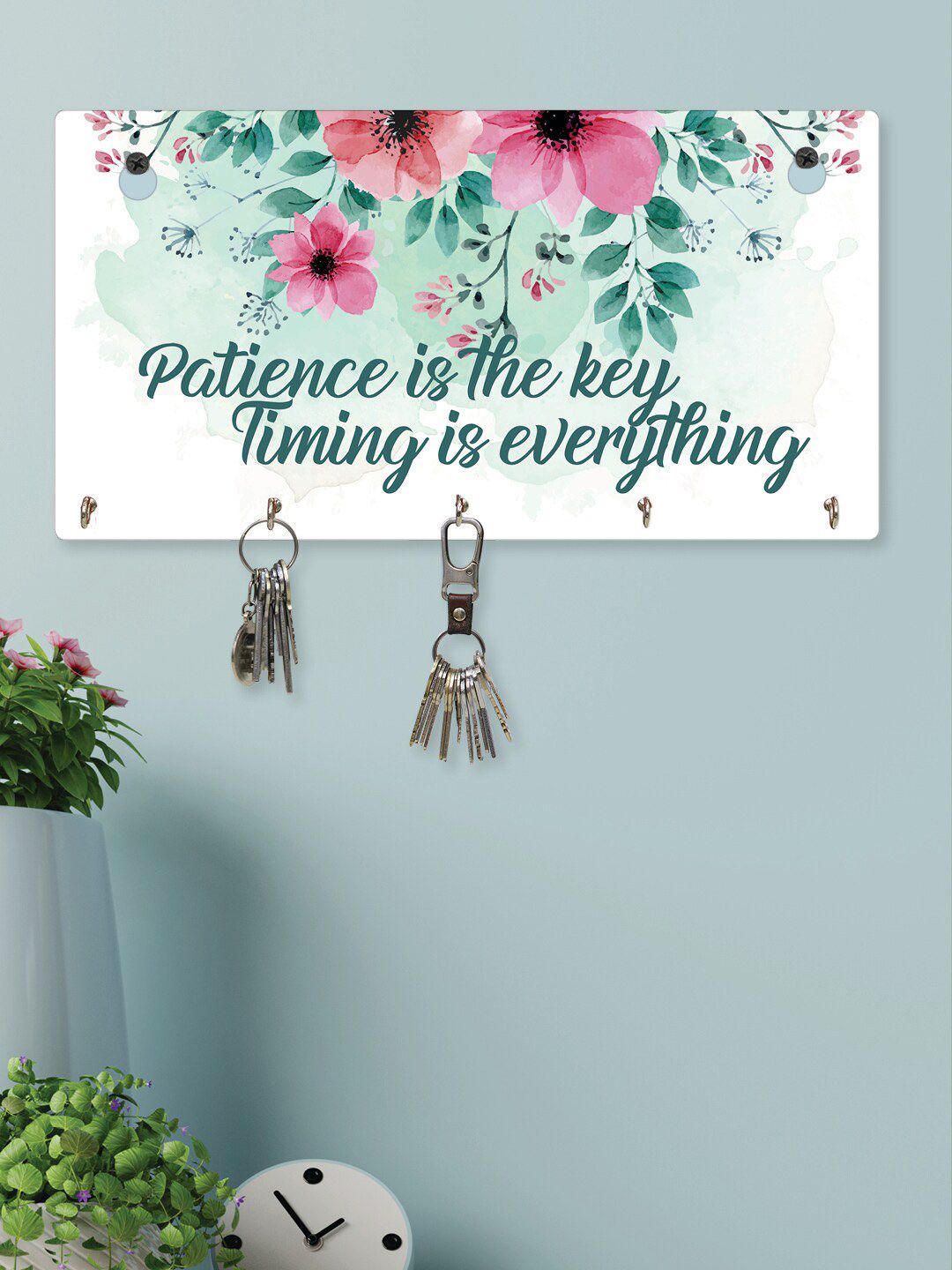 RANDOM White & Green Printed Wall Hanging Key Holder Price in India