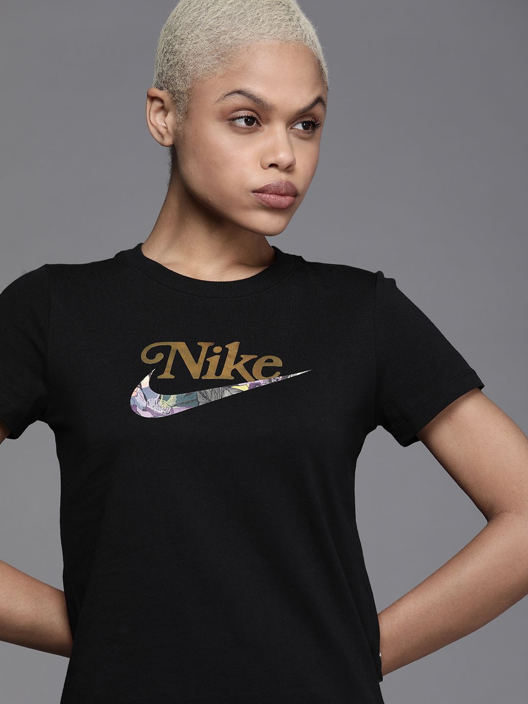 Nike Women Black & Gold-Coloured Brand Logo Printed Pure Cotton T-shirt Price in India