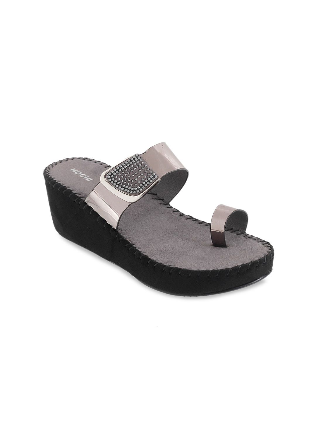 Mochi Women Grey Embellished One Toe Flats Price in India