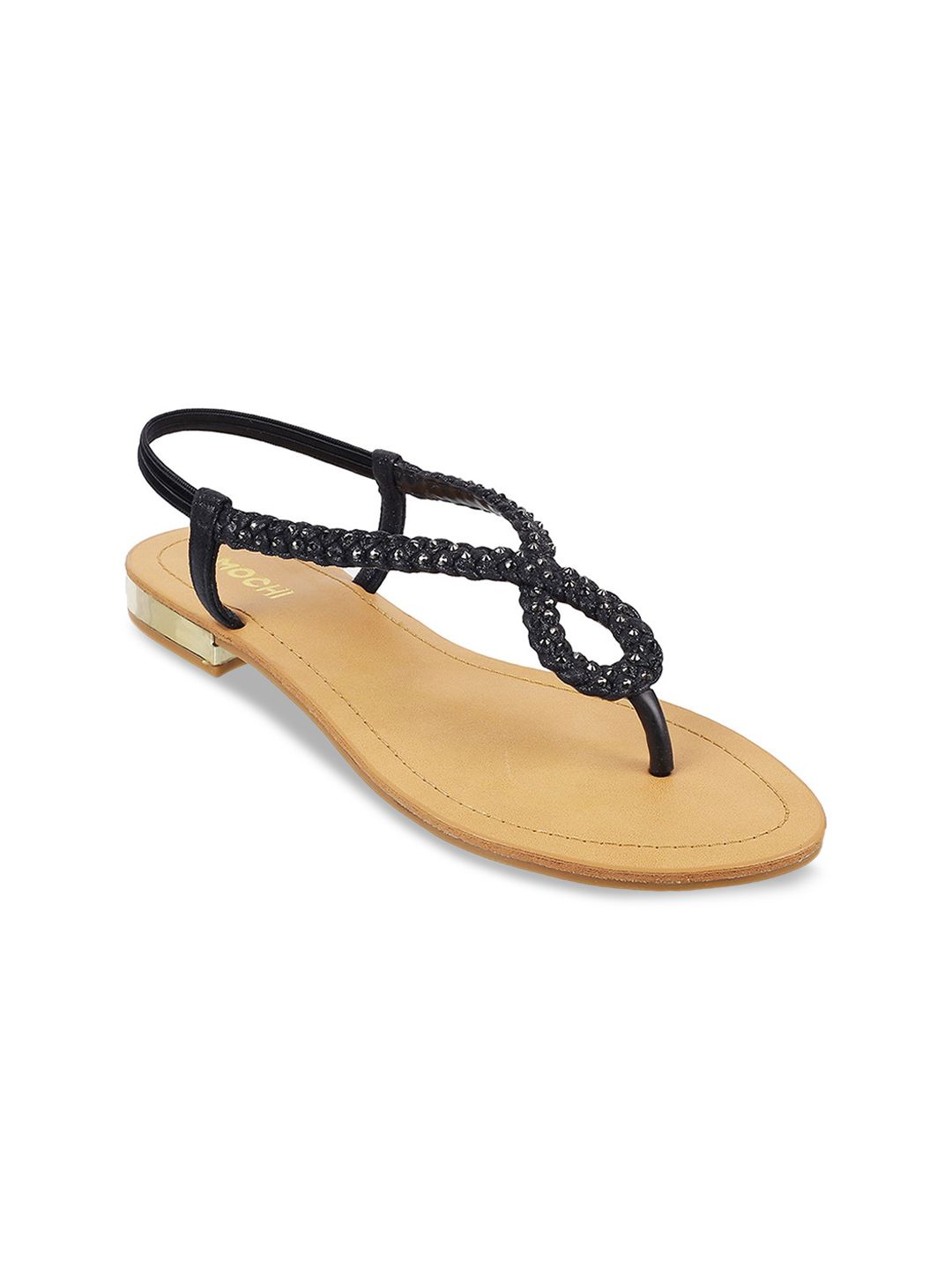 Mochi Women Black Embellished T-Strap Flats Price in India