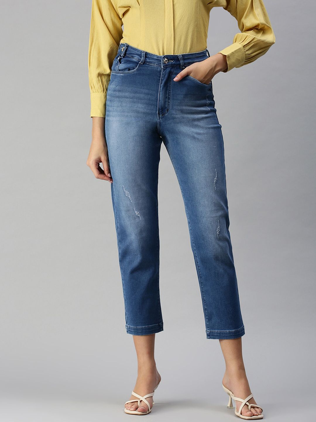 SHOWOFF Women Blue Straight Fit High-Rise Low Distress Light Fade Stretchable Jeans Price in India