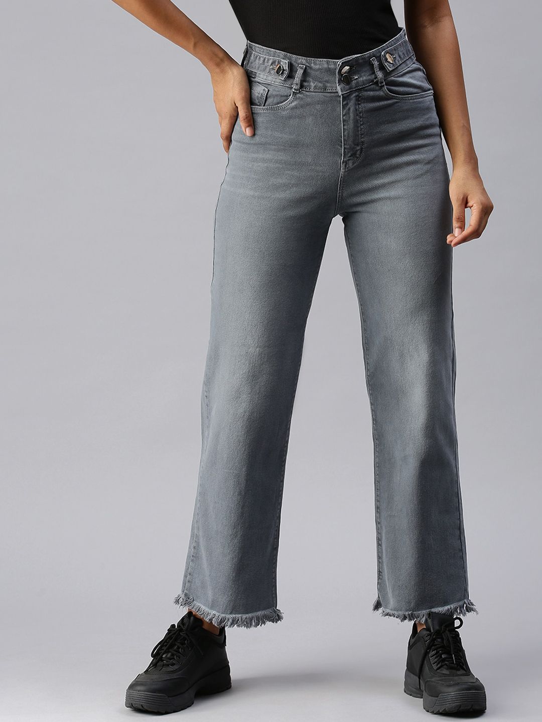 SHOWOFF Women Grey Wide Leg High-Rise Heavy Fade Stretchable Jeans Price in India