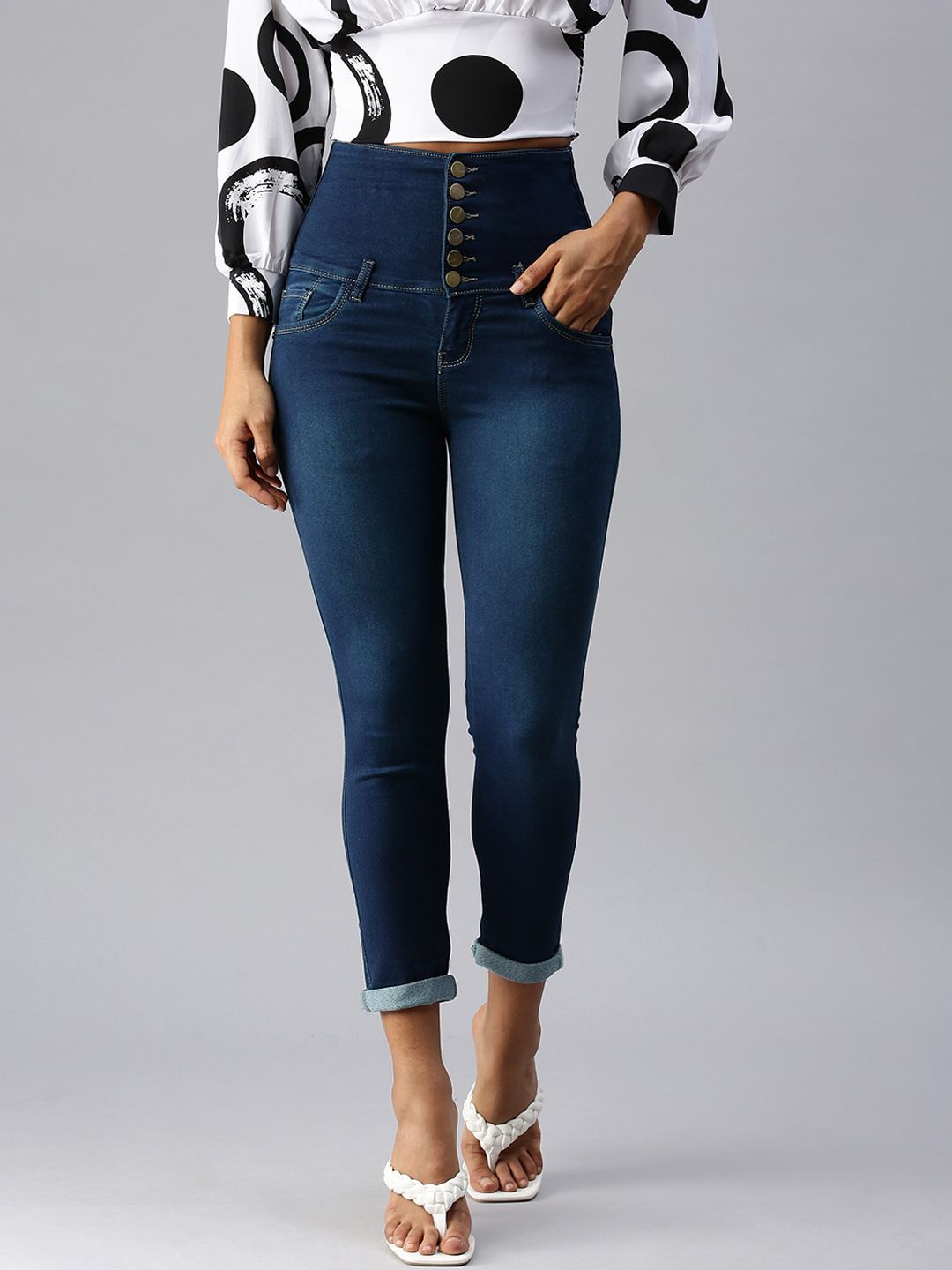 SHOWOFF Women Navy Blue Slim Fit High-Rise Light Fade Stretchable Jeans Price in India