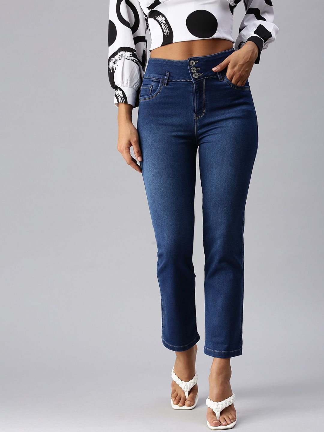 SHOWOFF Women Blue Straight Fit High-Rise Light Fade Stretchable Jeans Price in India