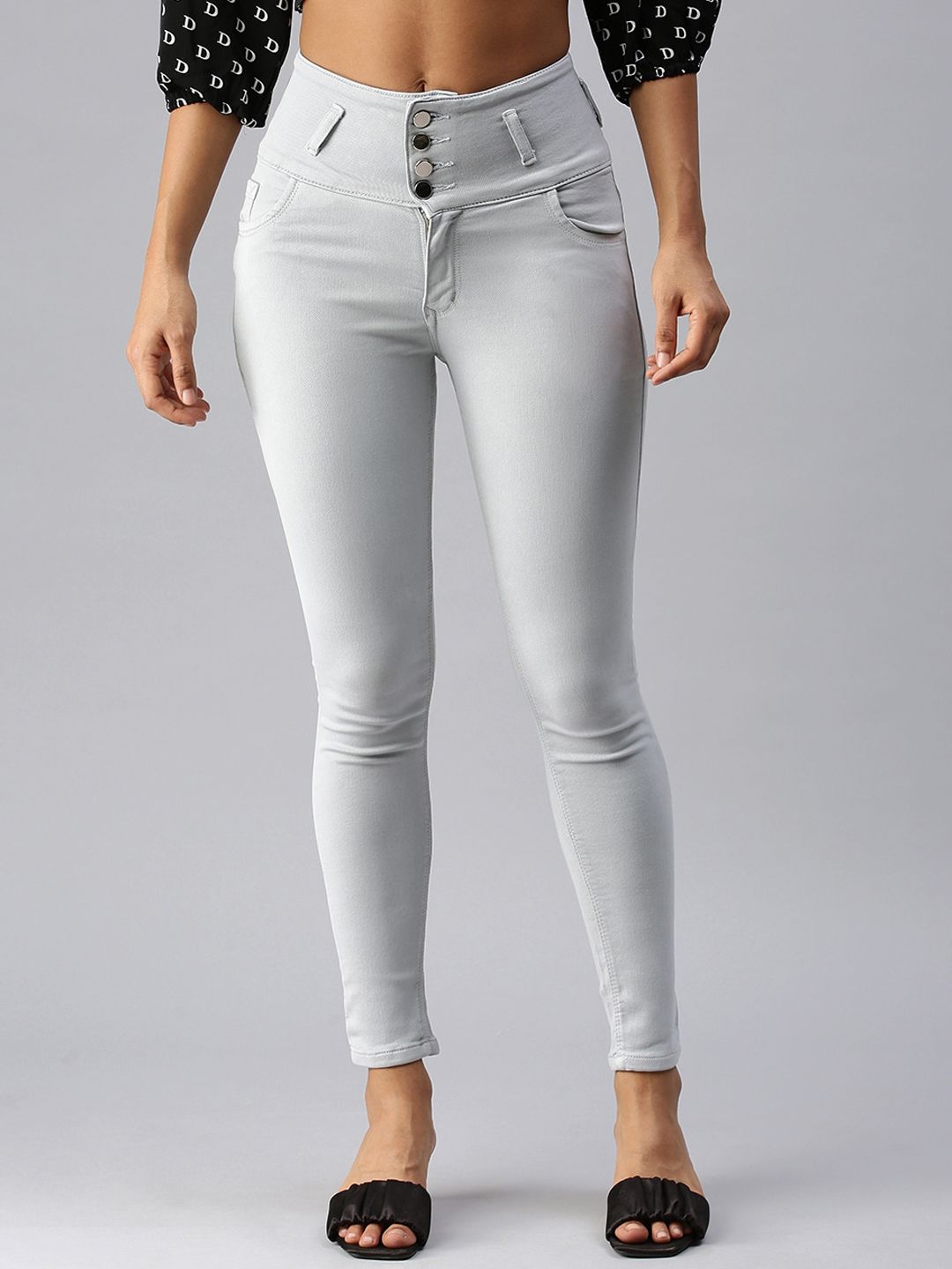 SHOWOFF Women Grey Slim Fit High-Rise Clean Look Stretchable Denim Cropped Jeans Price in India