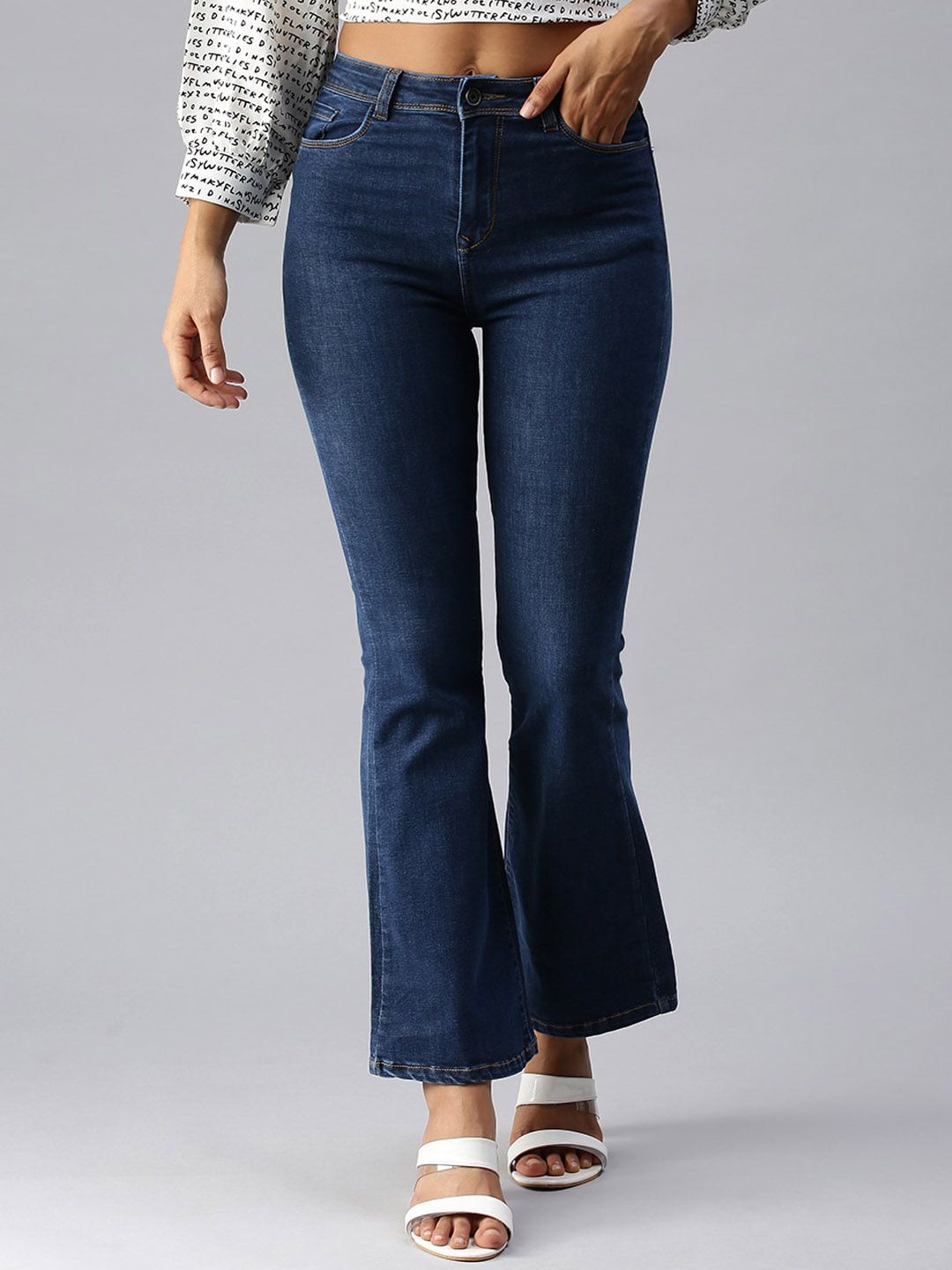 SHOWOFF Women Navy Blue Bootcut High-Rise Light Fade Stretchable Jeans Price in India