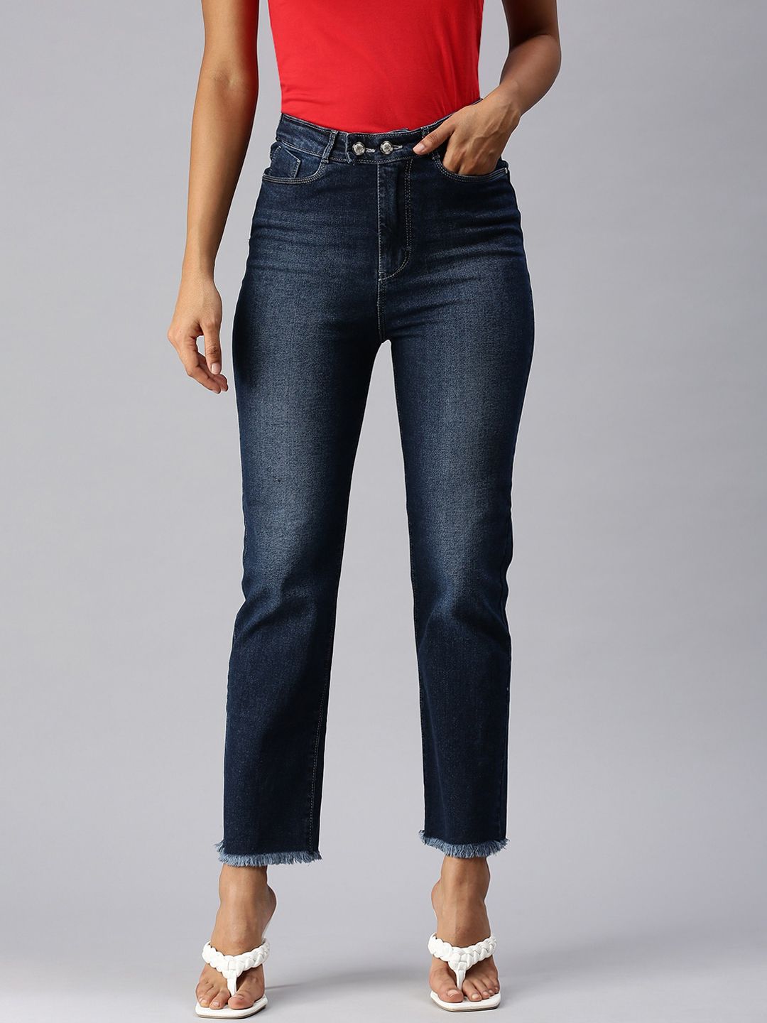 SHOWOFF Women Navy Blue Straight Fit High-Rise Light Fade Stretchable Jeans Price in India