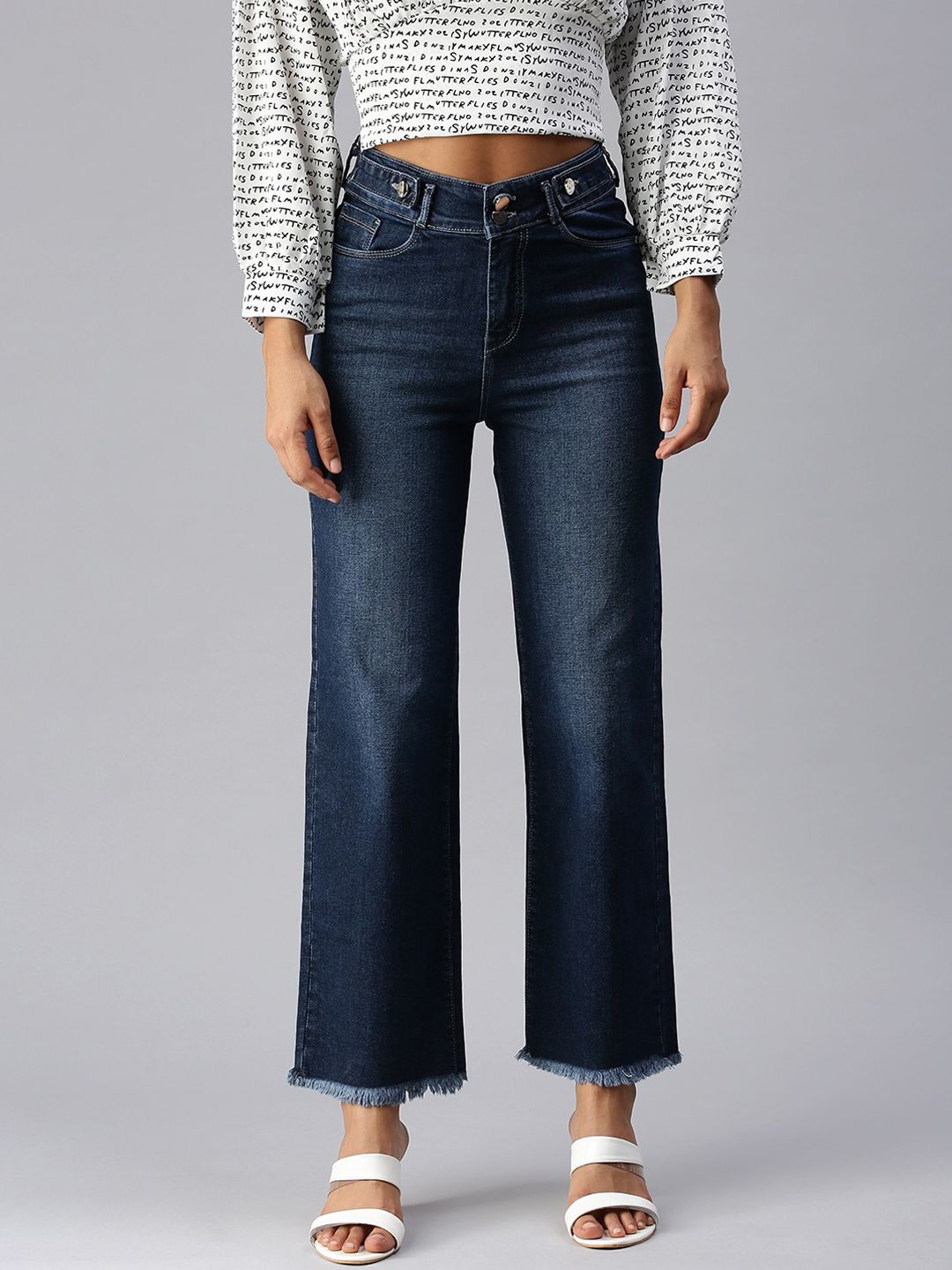 SHOWOFF Women Blue Wide Leg High-Rise Light Fade Cropped Stretchable Denim Jeans Price in India
