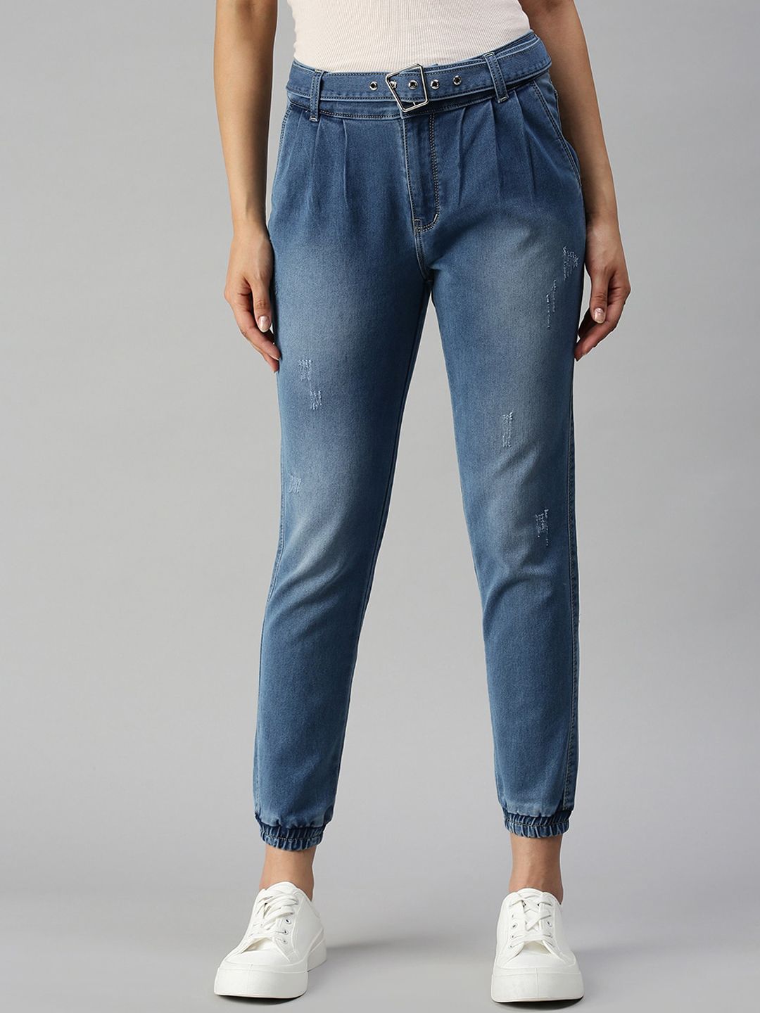 SHOWOFF Women Blue Jogger High-Rise Low Distress Heavy Fade Cuffed Hem Stretchable Jeans
