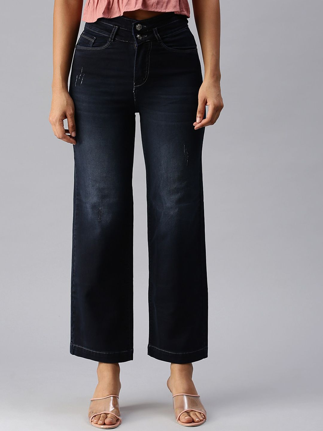 SHOWOFF Women Navy Blue Wide Leg High-Rise Light Fade Stretchable Denim Jeans Price in India