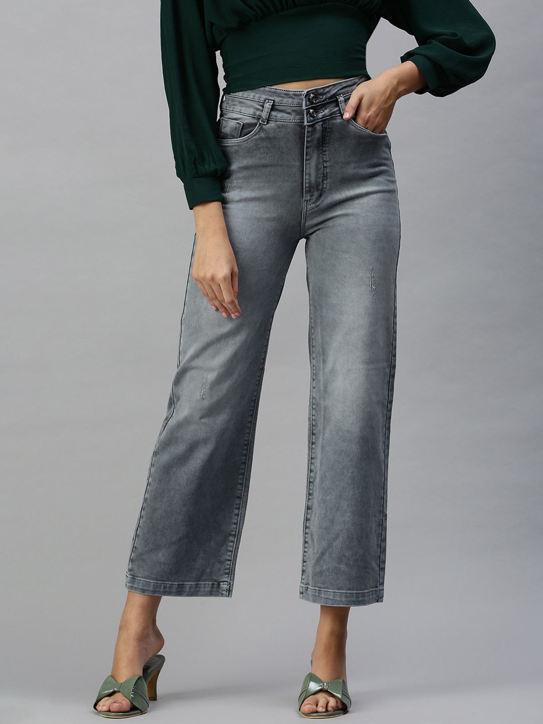 SHOWOFF Women Grey Wide Leg High-Rise Heavy Fade Stretchable Jeans Price in India