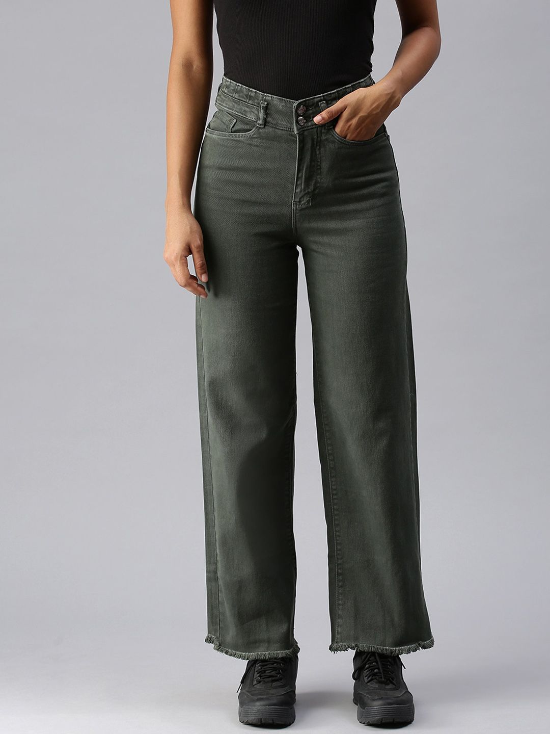 SHOWOFF Women Olive Green Wide Leg High-Rise Stretchable Denim Jeans Price in India