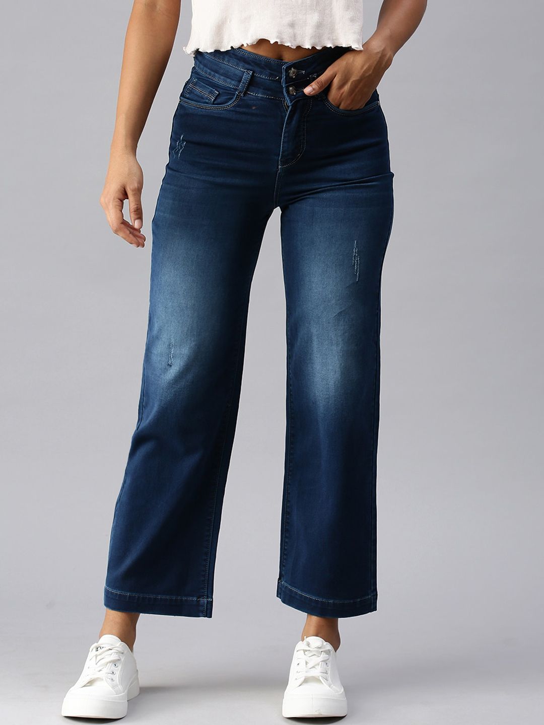 SHOWOFF Women Blue Wide Leg High-Rise Low Distress Light Fade Stretchable Jeans Price in India