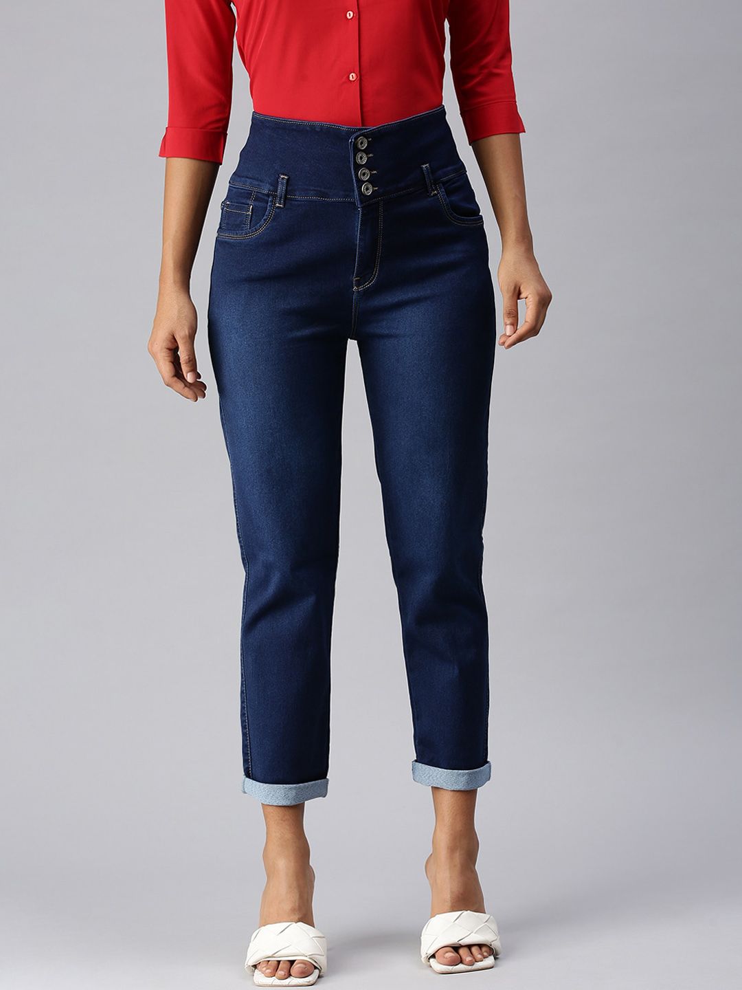 SHOWOFF Women Blue Straight Fit High-Rise Stretchable Jeans Price in India
