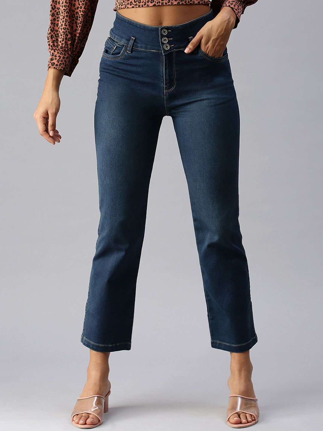 SHOWOFF Women Navy Blue Straight Fit High-Rise Light Fade Stretchable Jeans Price in India