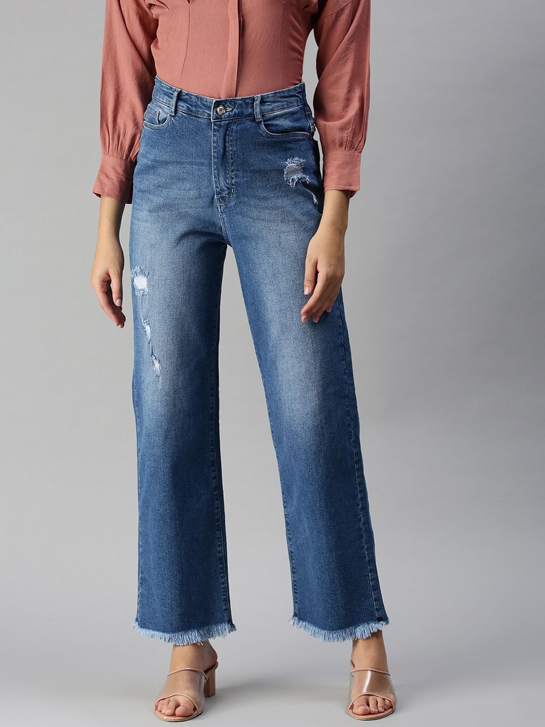 SHOWOFF Women Blue Wide Leg High-Rise Low Distress Light Fade Stretchable Jeans Price in India