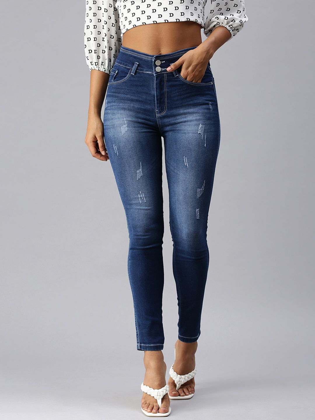 SHOWOFF Women Blue Slim Fit High-Rise Low Distress Light Fade Stretchable Denim Jeans Price in India