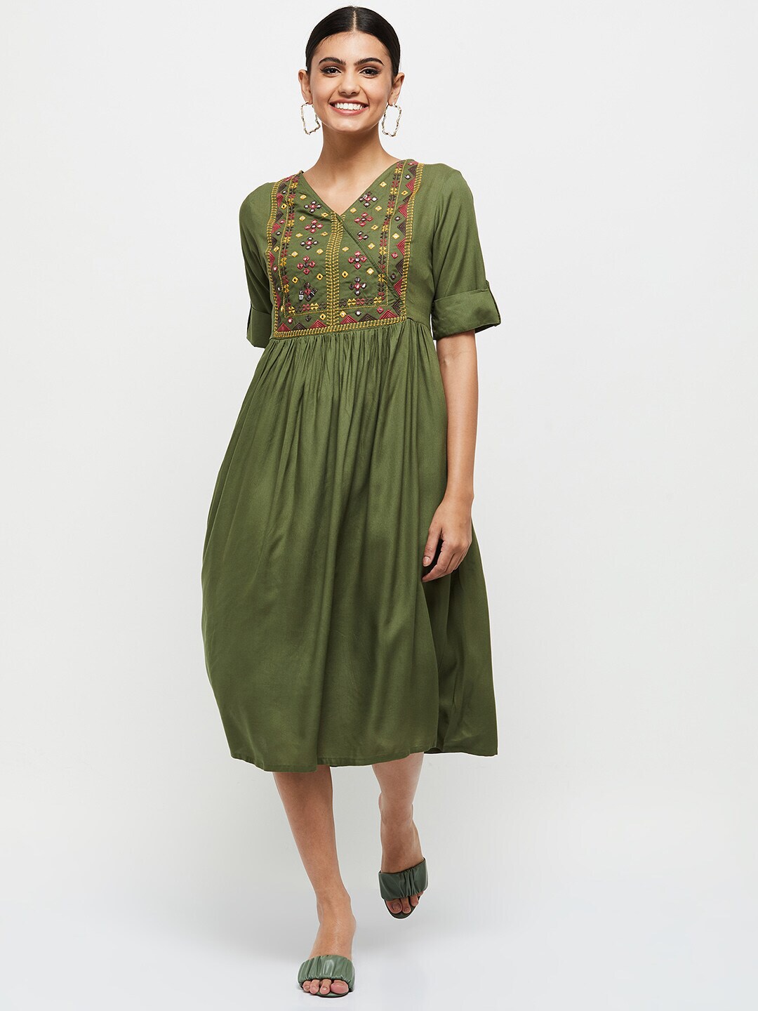max Olive Green A-Line Midi Dress Price in India
