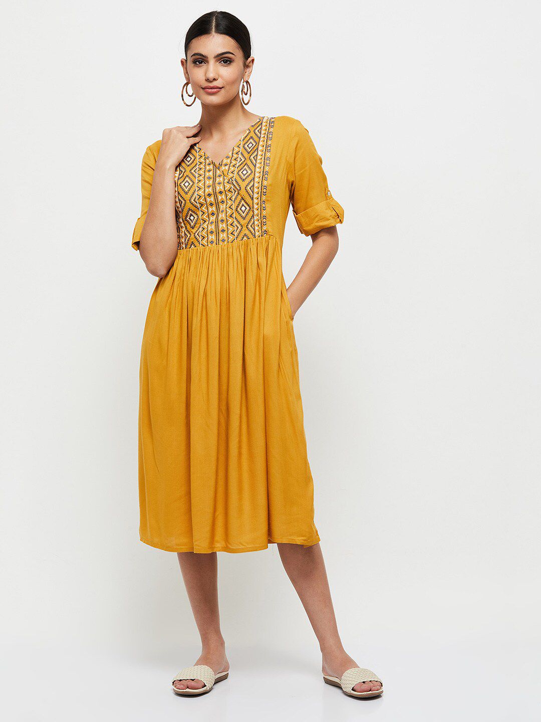 max Mustard Yellow A-Line Midi Dress Price in India