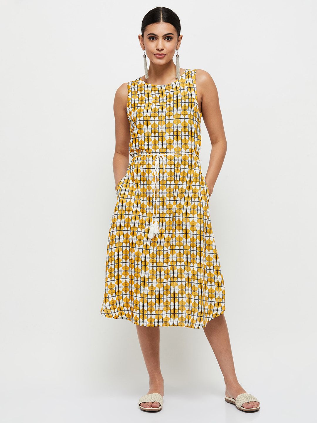 max Mustard Yellow A-Line Midi Dress Price in India