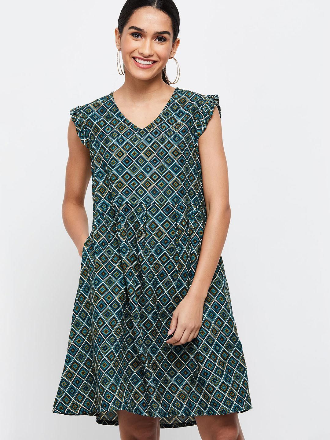 max Green Geometric Printed A-Line Dress Price in India