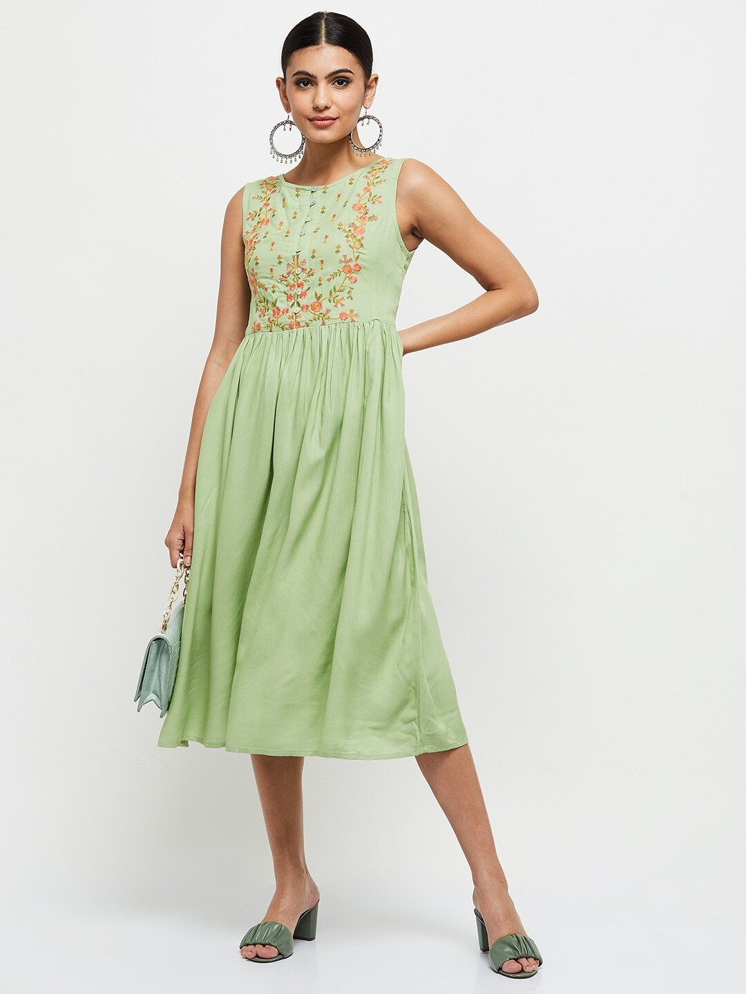 max Women Green Floral Embroidered Midi Dress Price in India
