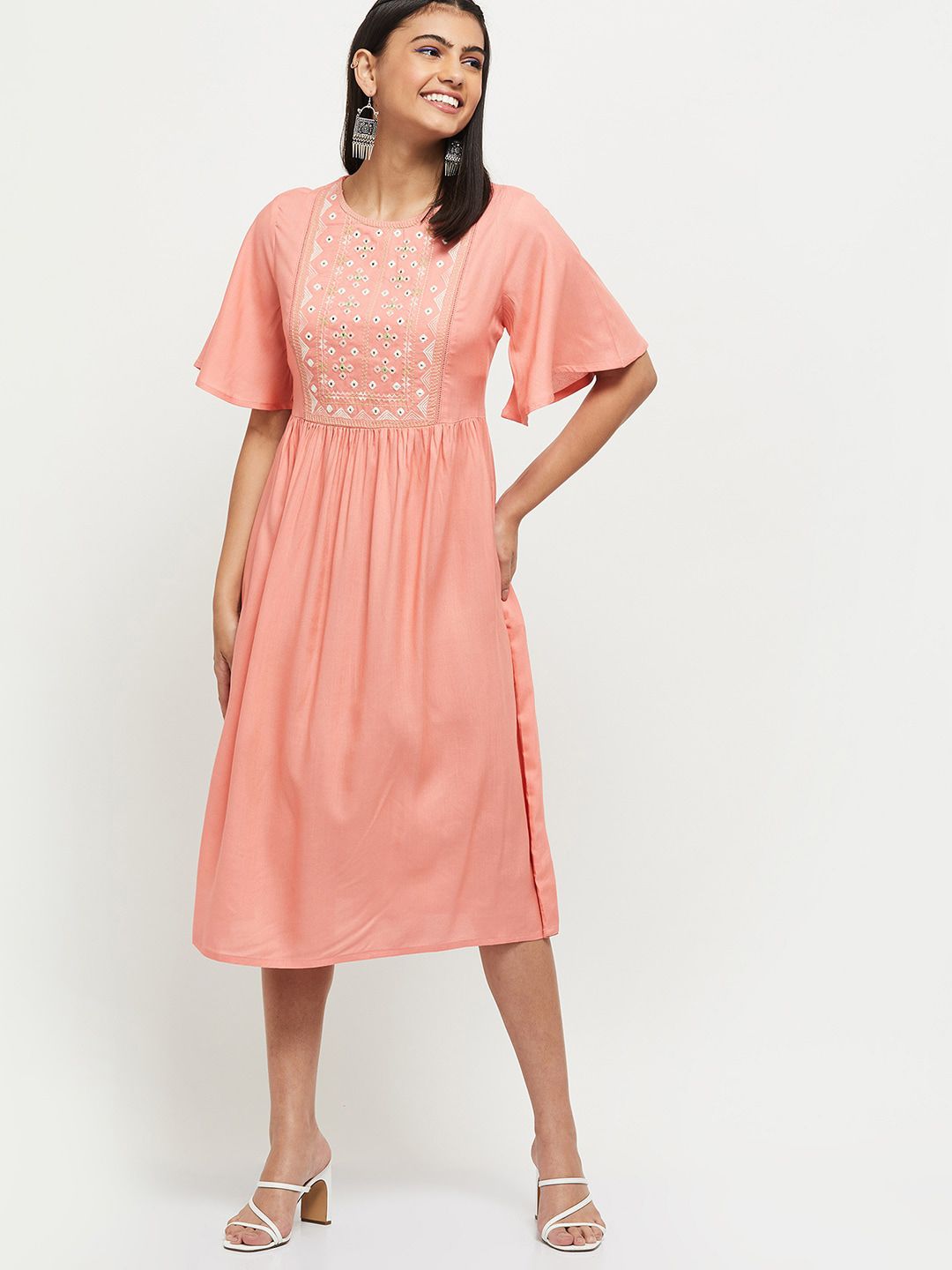 max Women Peach-Coloured A-Line Midi Dress Price in India