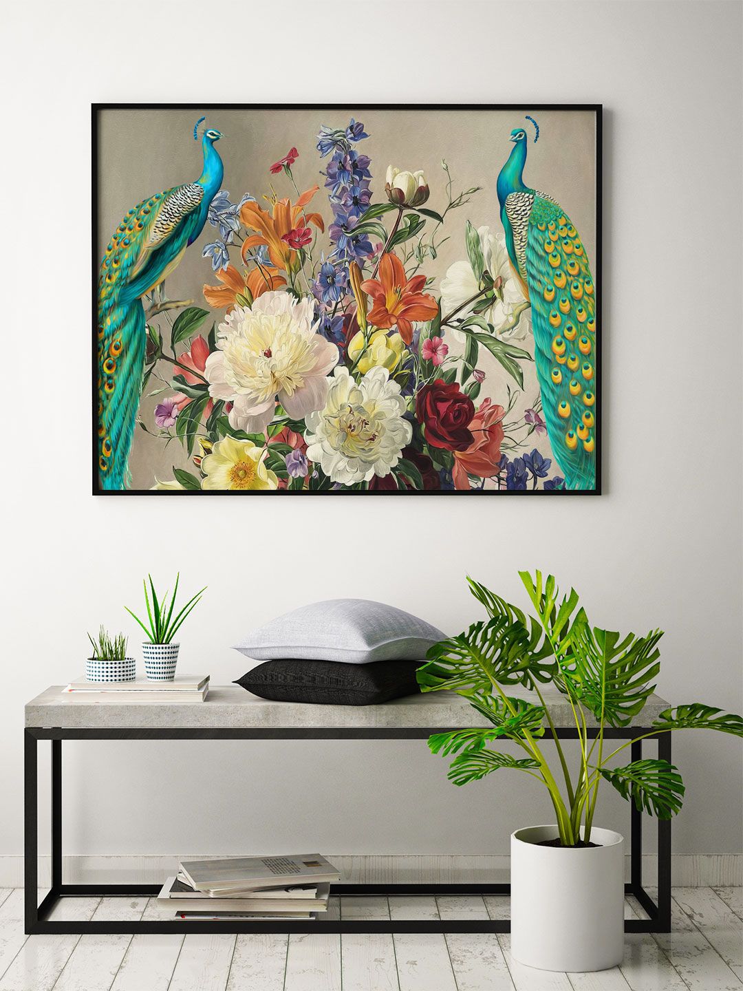 ARTSPACE Multicolored Flowers & Two Peacocks Framed Wall Painting Price in India