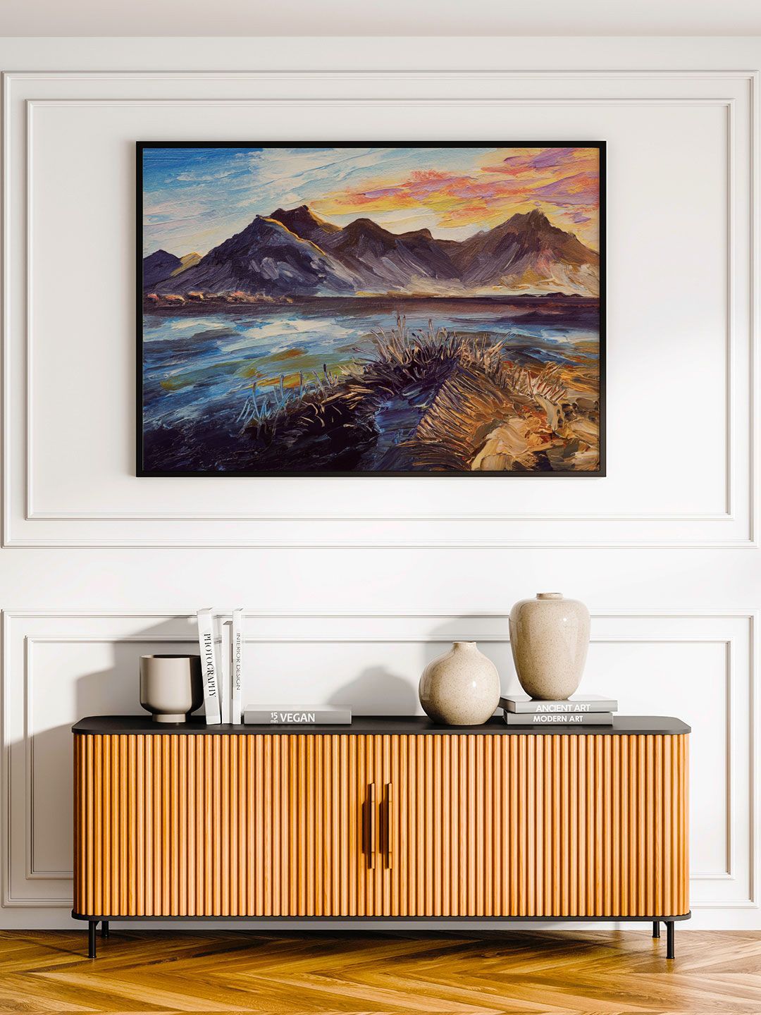 ARTSPACE Blue & Multi-Coloured Mountains & Sunset Canvas Wall Painting Price in India