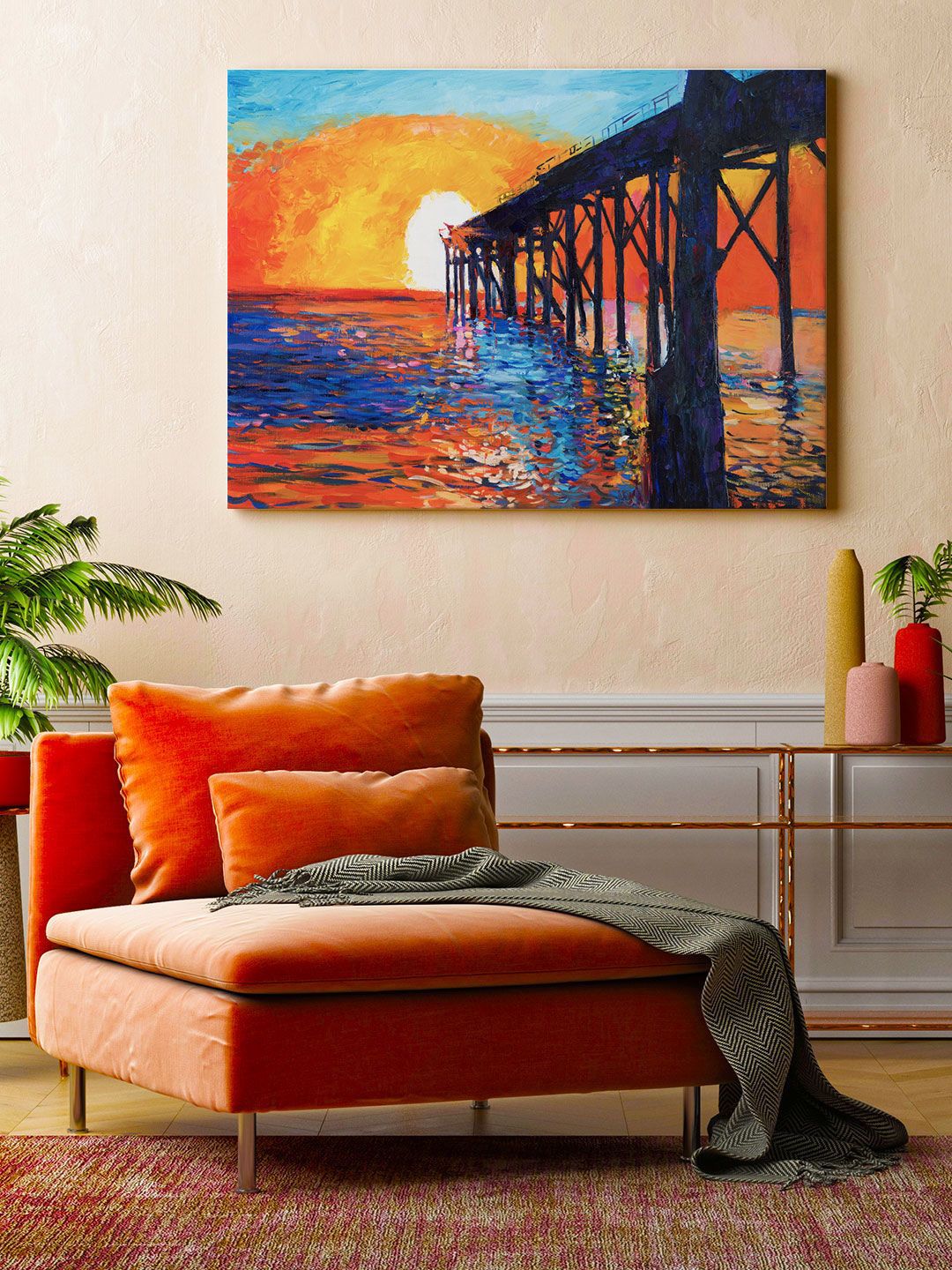 ARTSPACE  Blue & Orange Ocean View Abstract Painting Wall Art Price in India