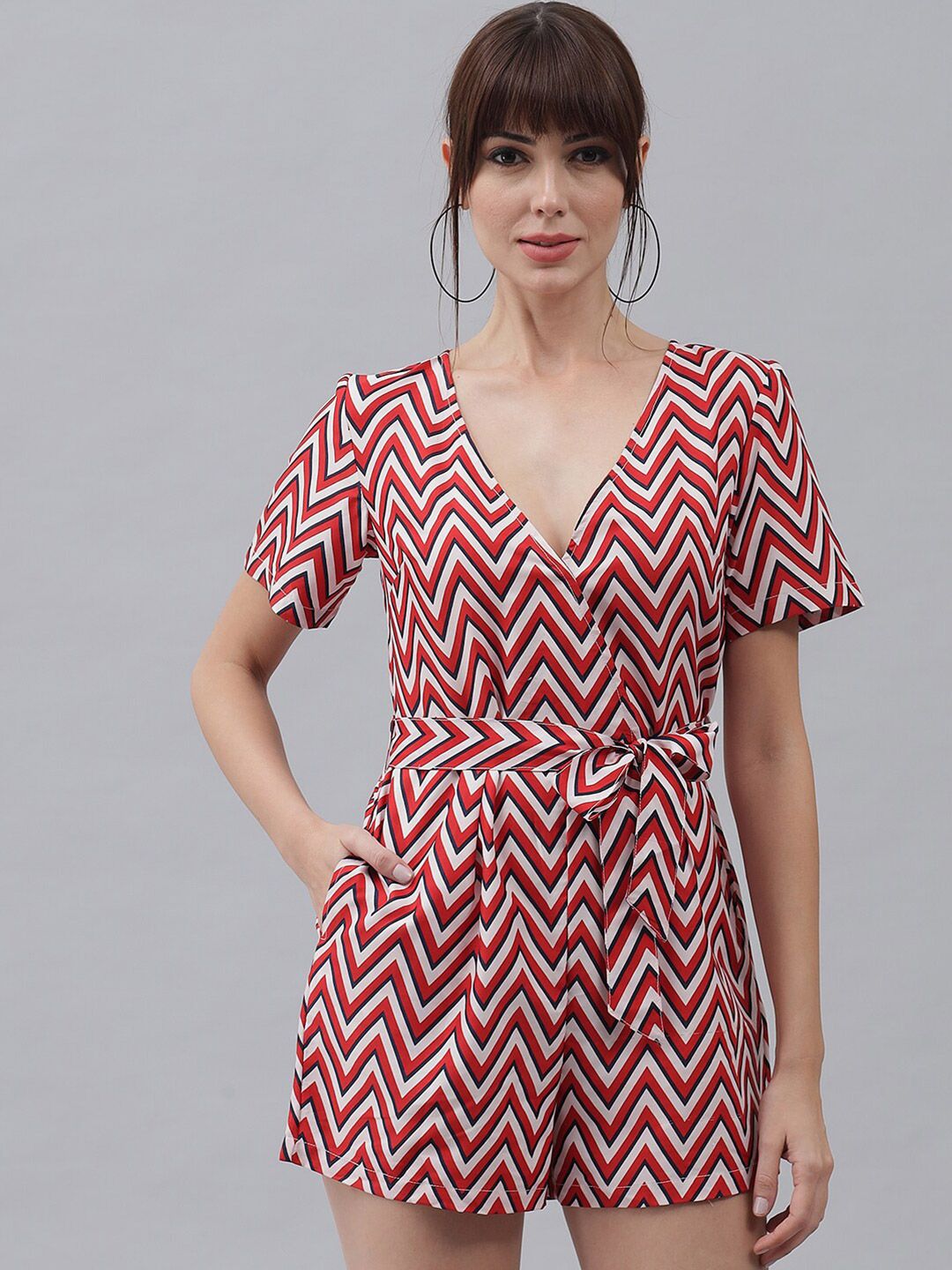 emeros Red & White Printed Wrap-style Jumpsuit Price in India