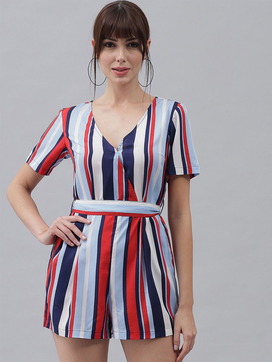 Emeros White & Multicoloured Striped Wrap-style Jumpsuit Price in India