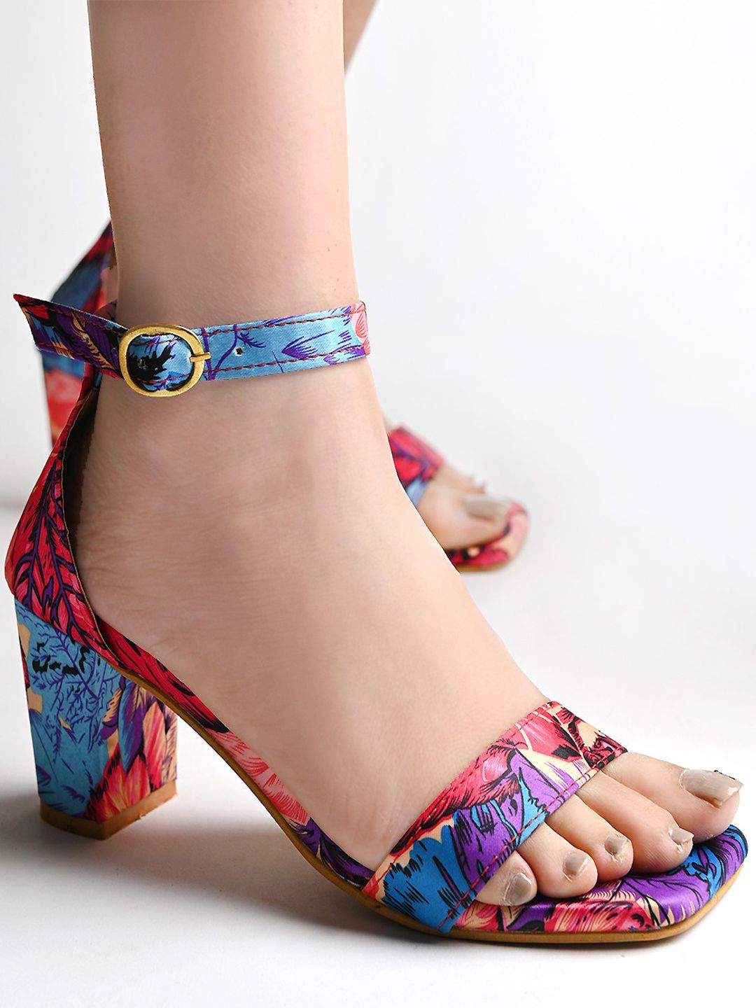 Shoetopia Red & Blue Printed Block Sandals Price in India